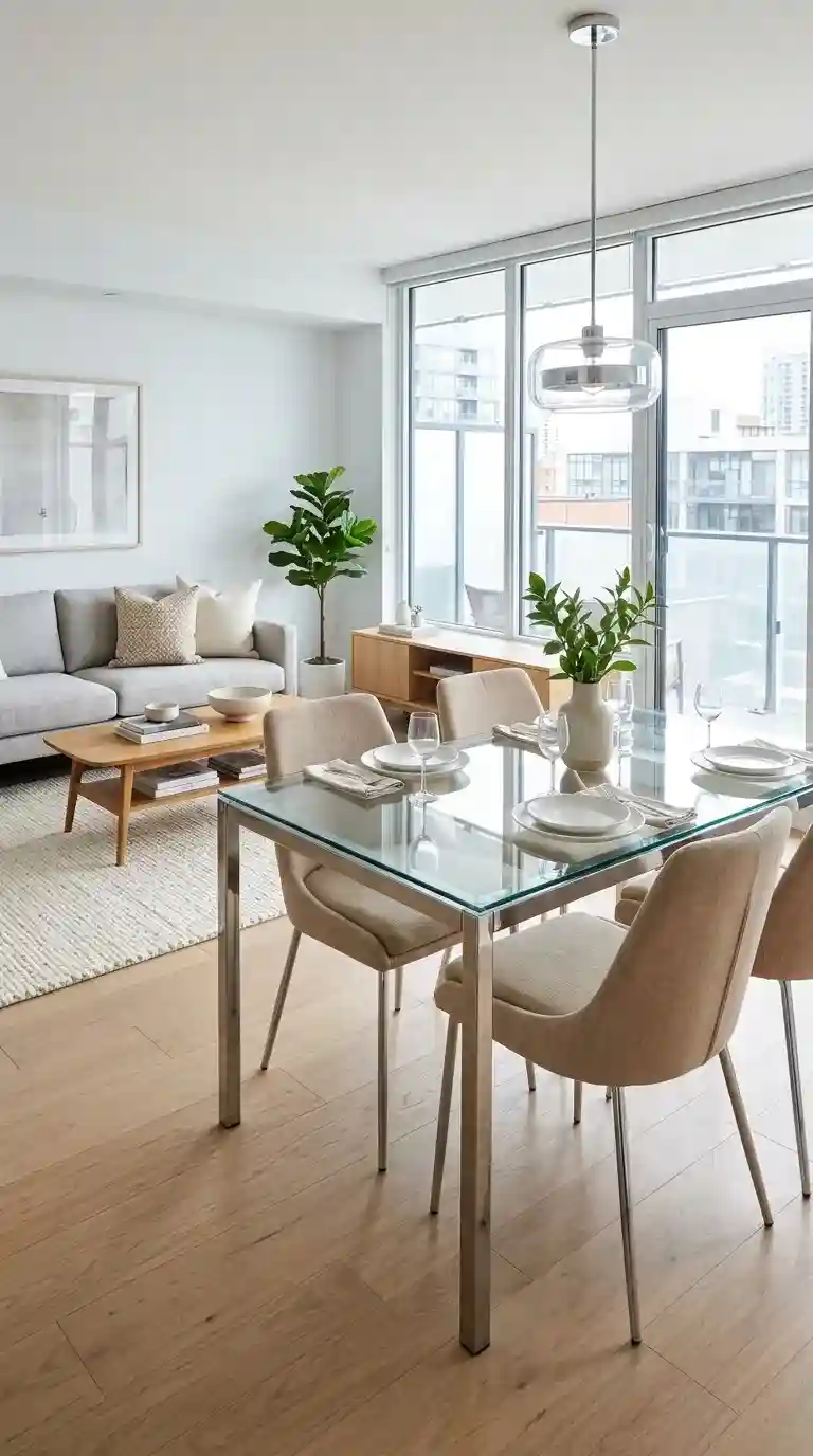 Clear glass top dining table with chrome legs and beige upholstered chairs keeping a living room with dining table feeling open and airy