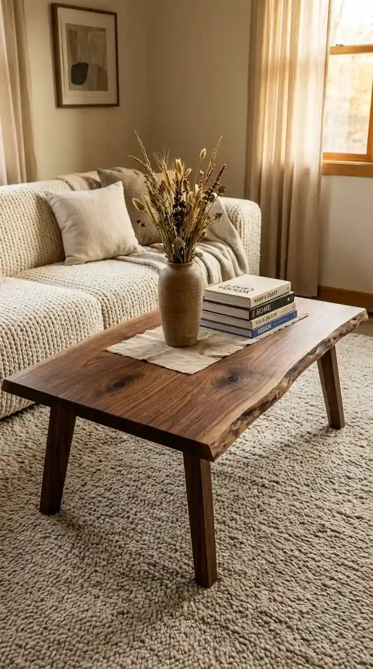 Live edge black walnut middle table living room piece with visible wood knots and grain styled with dried grasses and books
