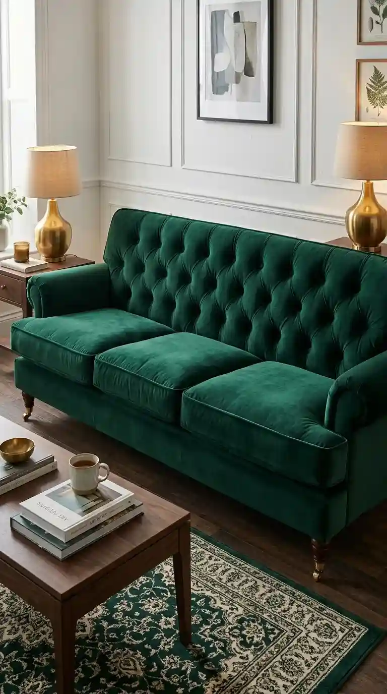 Deep bottle green velvet sofa in a modern living room with warm brass lighting and dark walnut coffee table