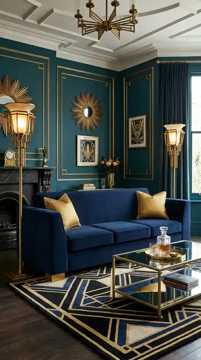 Midnight navy velvet Art Deco sofa with geometric angular arms gold legs brass lamps and mirrored coffee table in glamorous living room