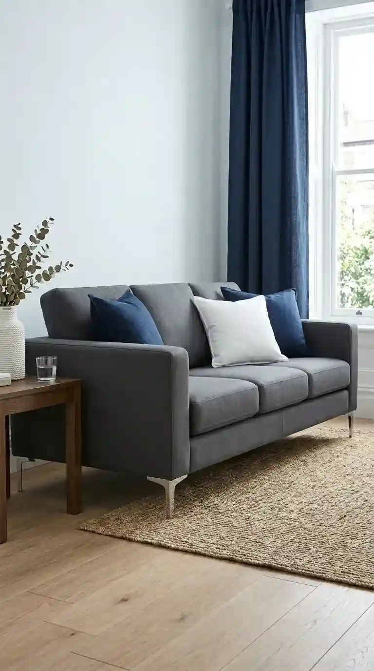 Dark grey sofa with tight smooth fabric chrome legs deep navy and white cushions and navy curtain edge on pale icy white wall