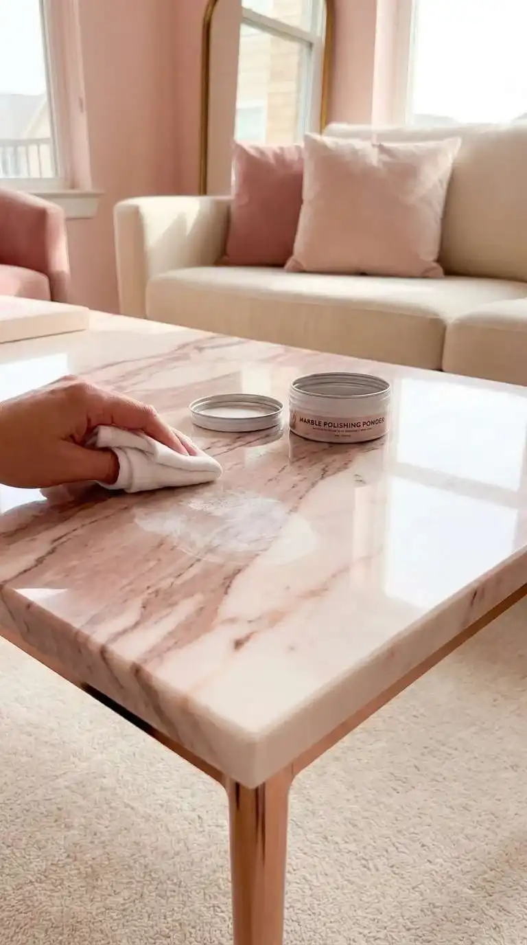 White cloth buffing marble polishing powder over a dull etch mark on a white marble coffee table to restore shine