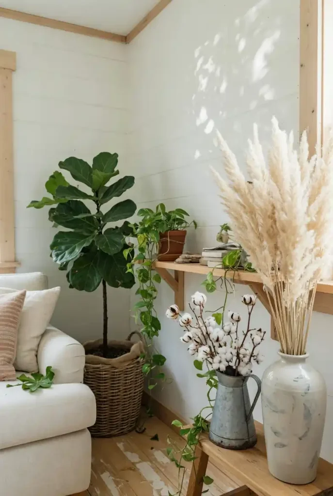 Farmhouse living room with natural decor including dried pampas grass, trailing pothos, cotton stems, and fiddle-leaf fig in wicker basket