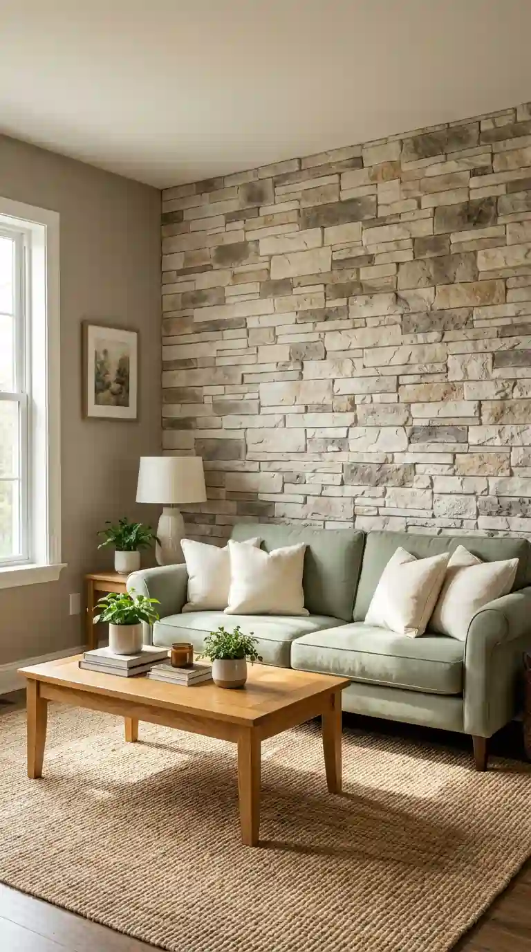 Faux stone panel accent wall in a living room with sage green sofa, oak coffee table, and jute rug