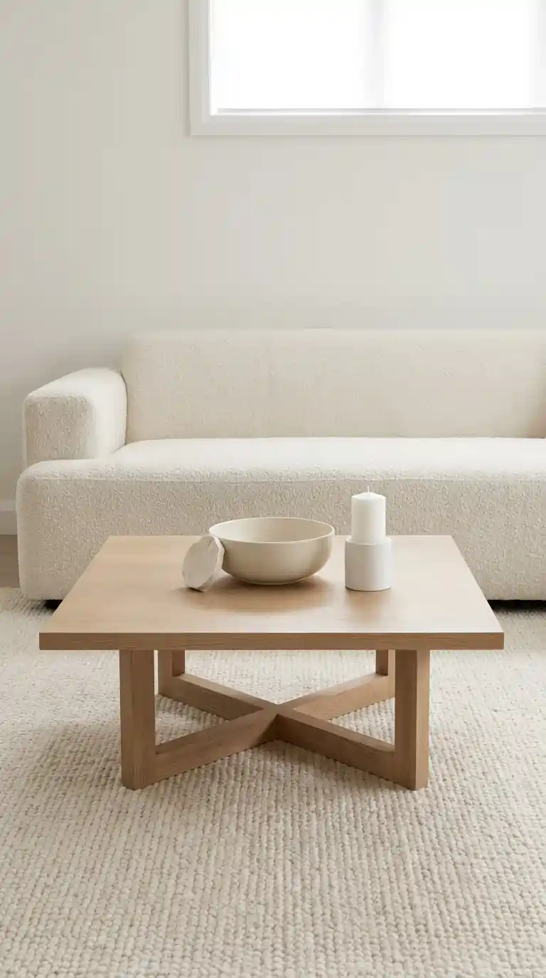 All cream monochrome center table styled with ceramic bowl white candle and pale stone coaster