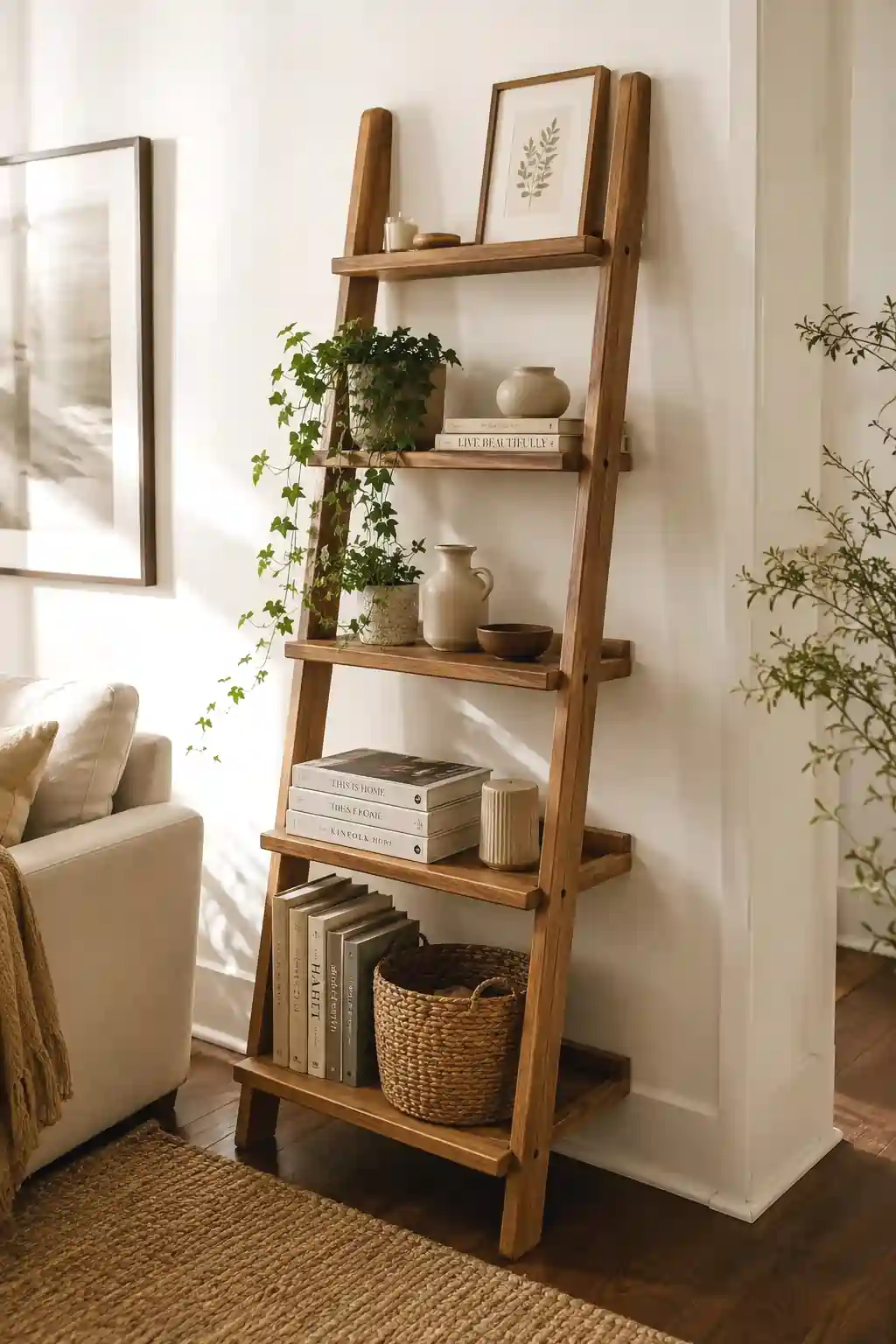 Tall five-tier natural wood ladder shelf in living room styled with books, trailing ivy, ceramic pots, and woven basket