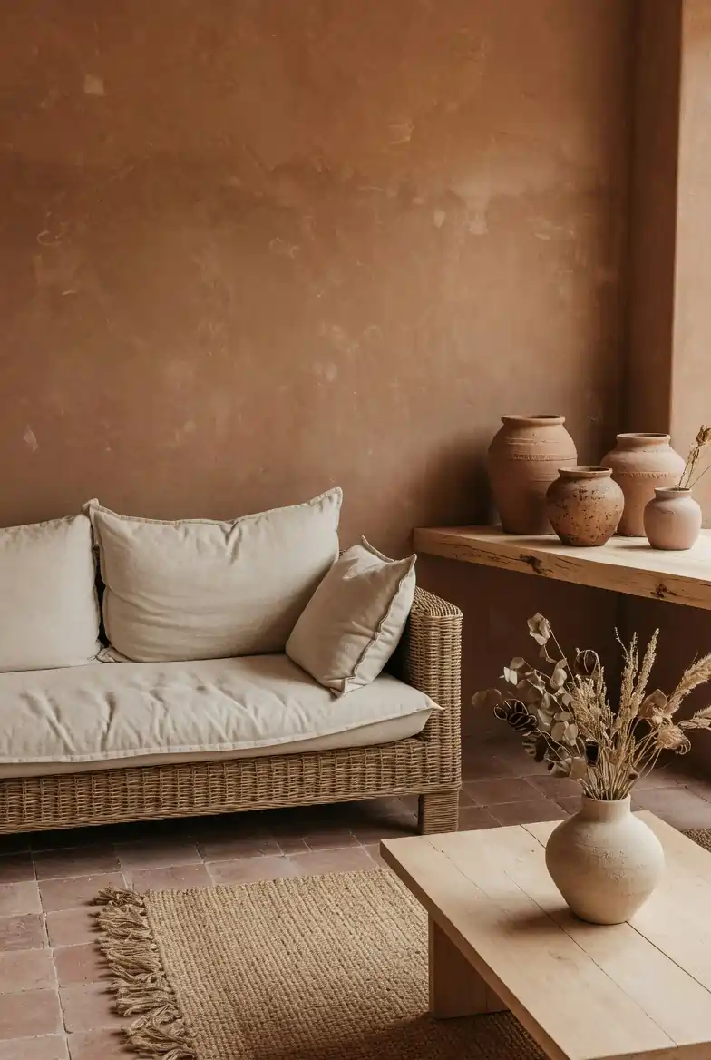 Raw clay brown limewash living room walls with rattan sofa, unglazed ceramics, jute rug, and dried botanicals