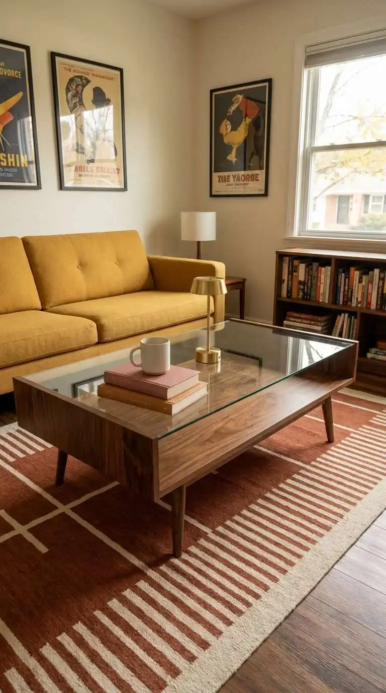 books, ceramic mug, and brass lamp styled in corner of walnut framed glass coffee table in mid-century modern living room