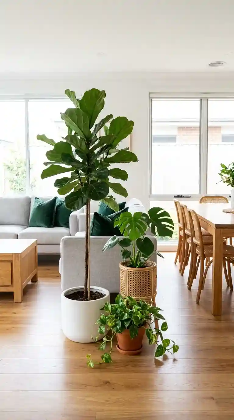 Row of fiddle leaf fig monstera and trailing pothos plants creating a soft natural boundary between living and dining zones in open-plan room