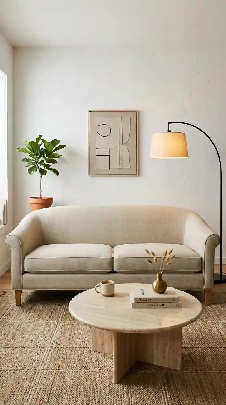 Tailored tight back linen sofa in a polished modern living room with round stone coffee table and arched lamp