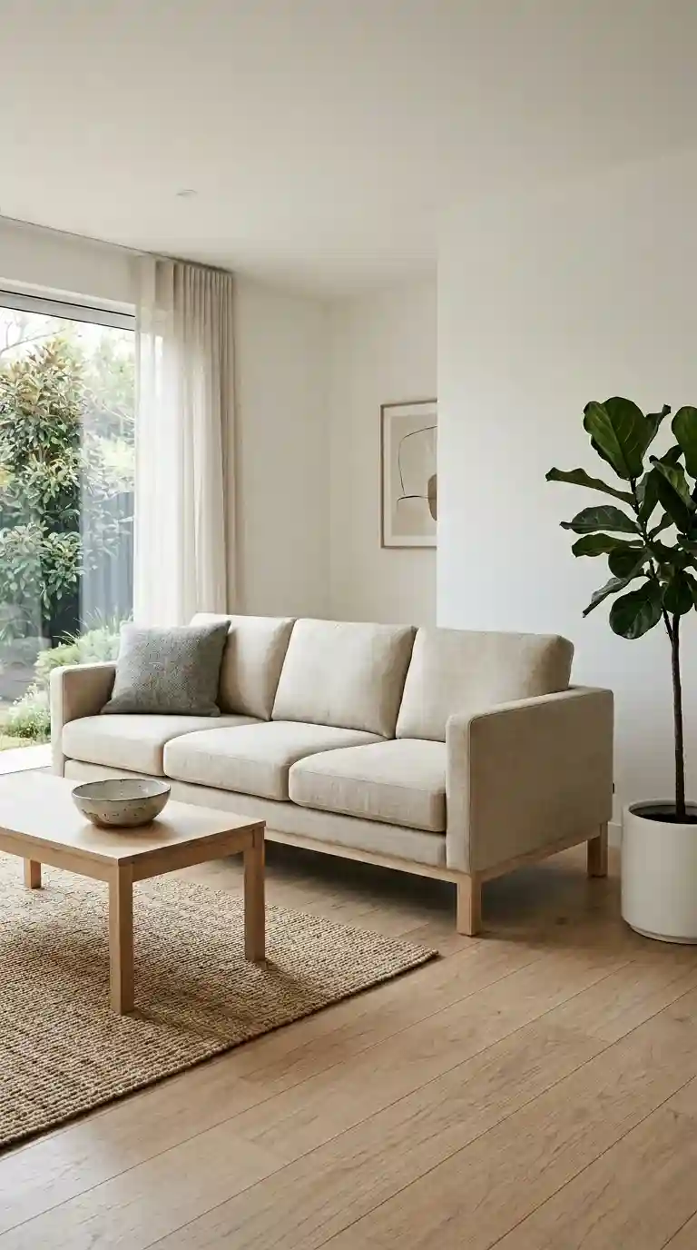 Low profile undyed linen Japandi sofa with ash wood legs ceramic bowl coffee table and single tall plant in serene minimal living room