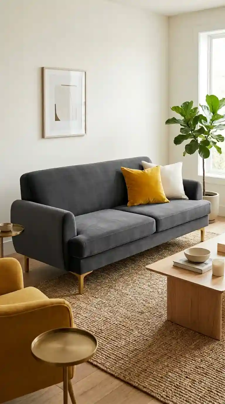 Dark grey velvet sofa living room with rounded arms brushed gold legs mustard yellow and white cushions against warm white wall