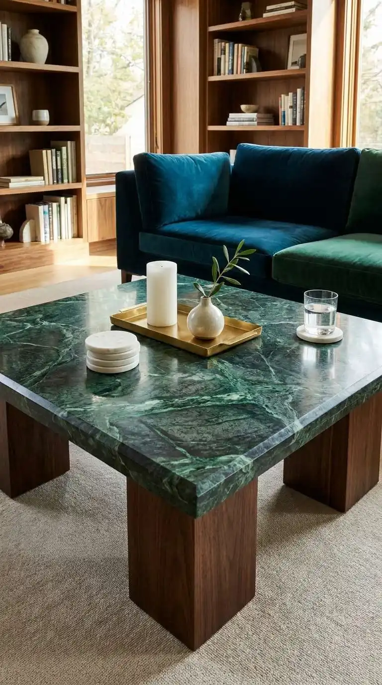White marble coffee table styled with travertine coasters, a brass tray, white candle, and a glass of water in a living room