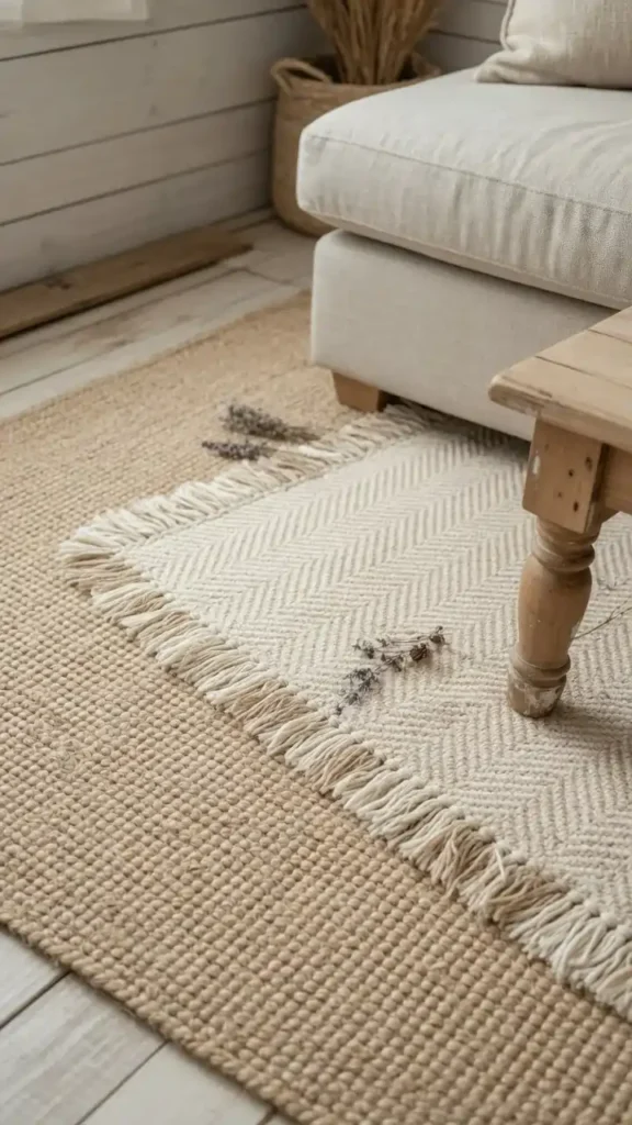 Layered jute and woven fringe rug in a cozy rustic farmhouse living room with cream and oatmeal tones