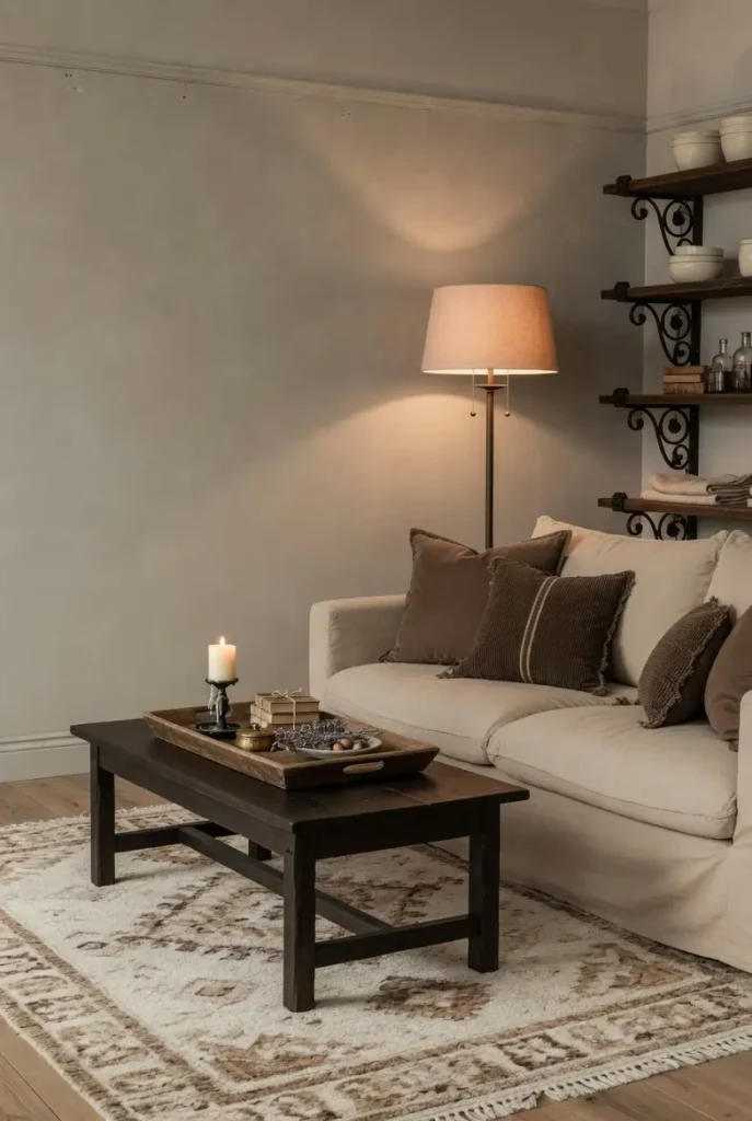 Warm beige farmhouse living room with mocha throw pillows, greige accent wall, and espresso wood coffee table
