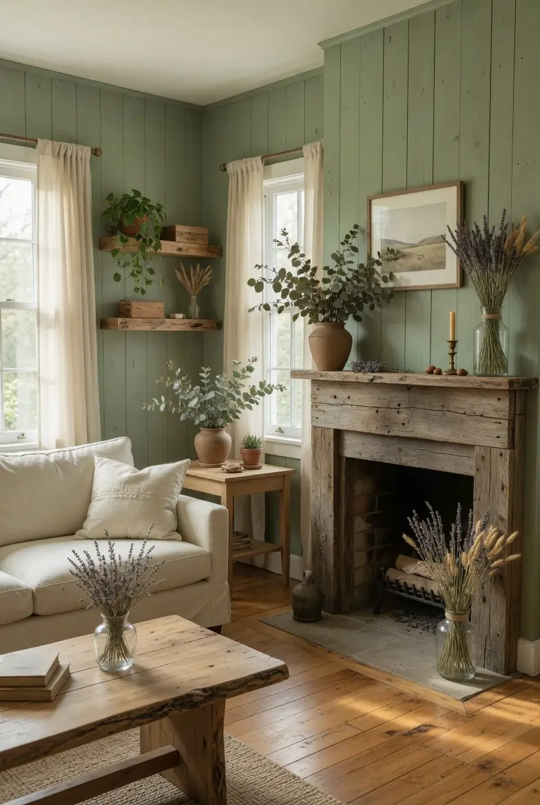 Sage green farmhouse living room with shiplap walls, reclaimed wood mantel, cream linen sofa, and dried botanicals