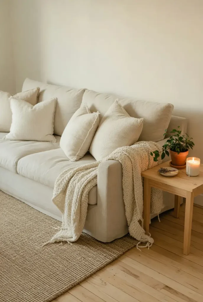 Cozy farmhouse living room with creamy white walls, oatmeal linen sofa, chunky knit throw, and jute rug