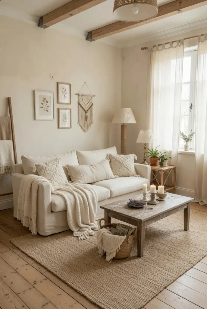 Boho farmhouse living room neutral texture layers with chunky ivory knit throw, macramé cushions, jute rug, and weathered wood coffee table in warm ivory and sand tones