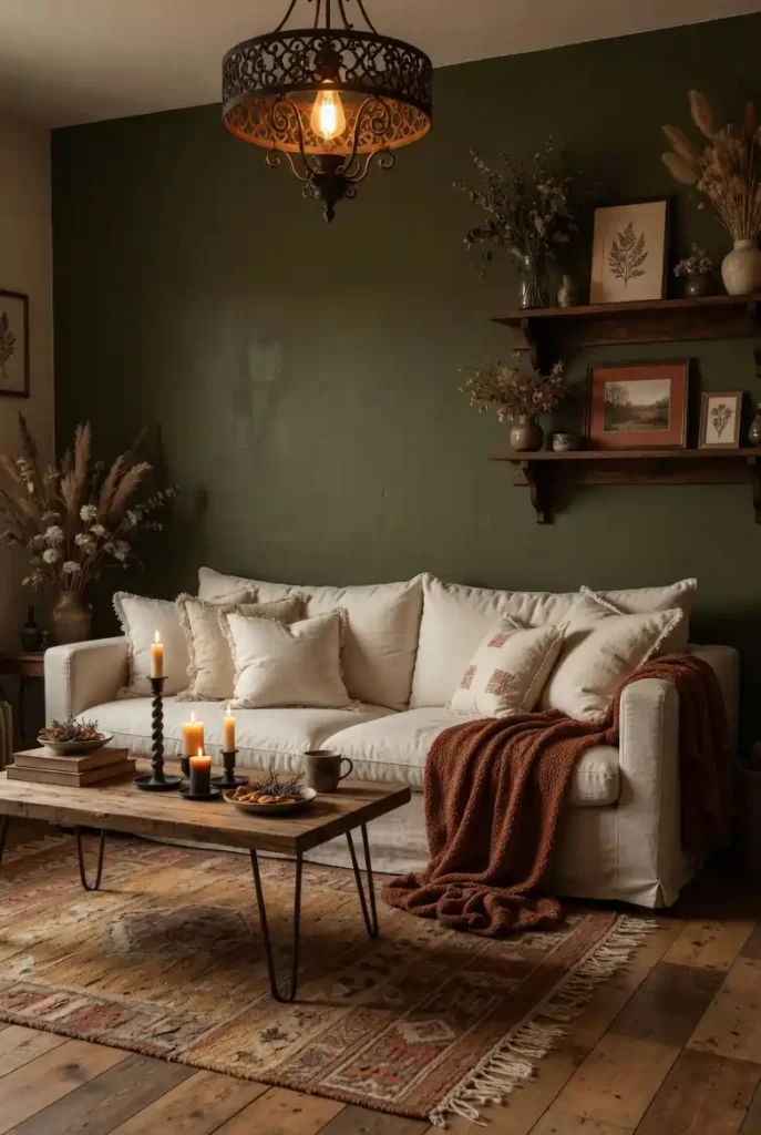 Moody boho farmhouse living room with deep forest green accent wall, cream linen pillows, rust and cream woven rug, dark wood furniture, black iron pendant light, and dried botanicals