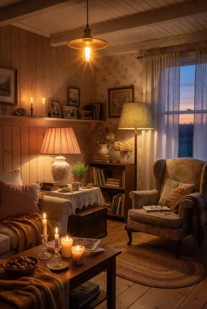 Warm farmhouse living room lighting with Edison pendant light, ceramic table lamp, floor lamp, and candles for a cozy golden glow