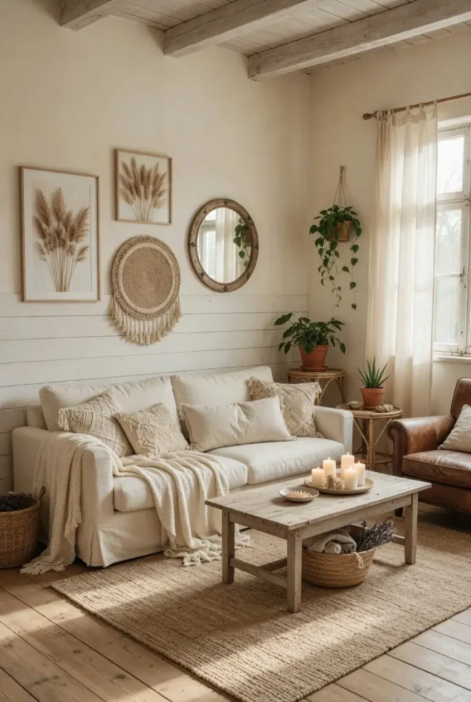White shiplap wall boho farmhouse living room with woven wall art, pampas grass frames, vintage mirror, trailing pothos in terracotta pot, and worn leather armchair