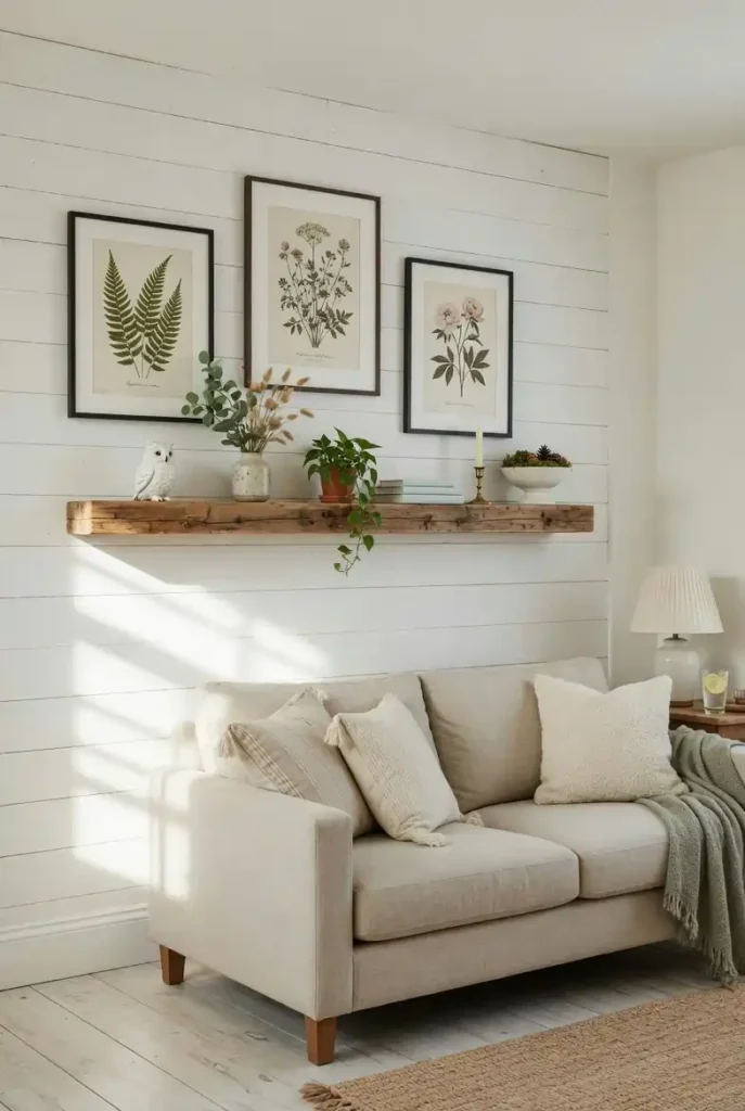 Neutral farmhouse living room with cream linen sofa, woven cushions, chunky knit blanket, and jute rug in warm earthy tones