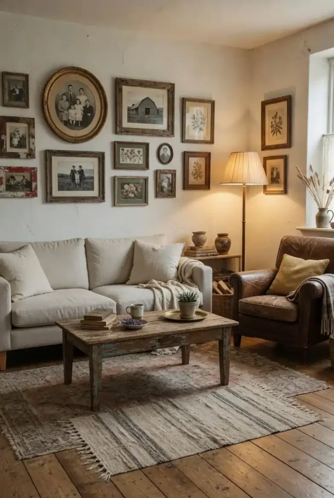 Bright farmhouse living room with white shiplap accent wall, botanical prints, and rustic wooden floating shelf