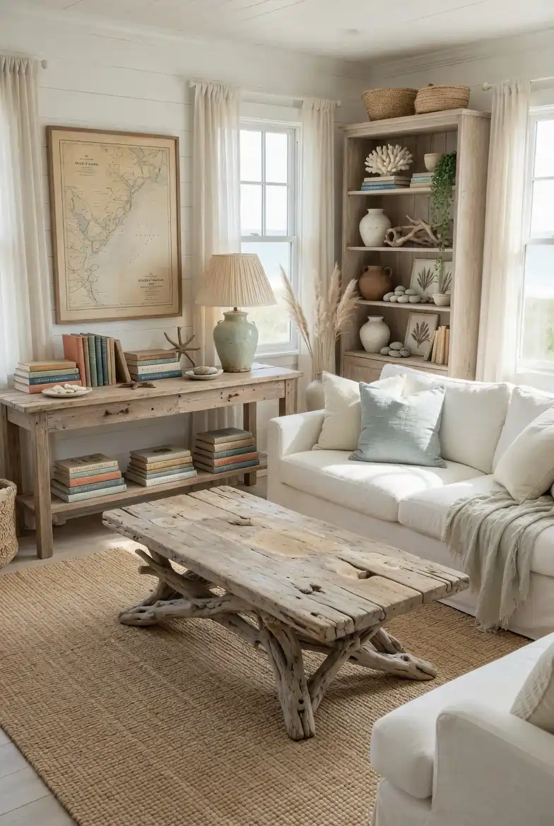 Coastal farmhouse living room with weathered driftwood coffee table, white slipcovered sofa, reclaimed wood console, and bleached oak bookshelf in soft natural light
