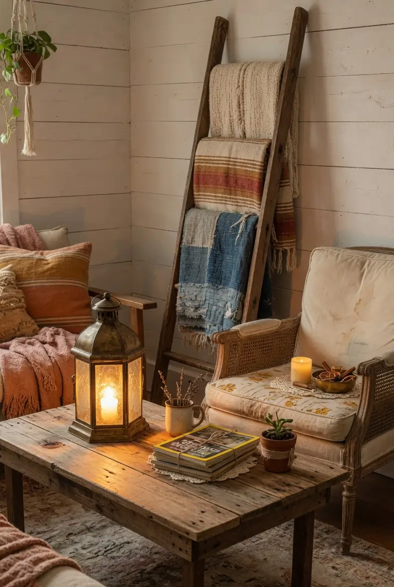 Vintage boho farmhouse living room vignette with wooden ladder blanket display, cane-back armchair in cream linen, and antique lantern on reclaimed wood coffee table