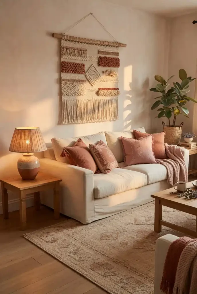 Warm boho farmhouse living room with terracotta and rust throw pillows, large jute rug, natural fiber woven wall hanging, oak wood furniture, and sage green plant in corner