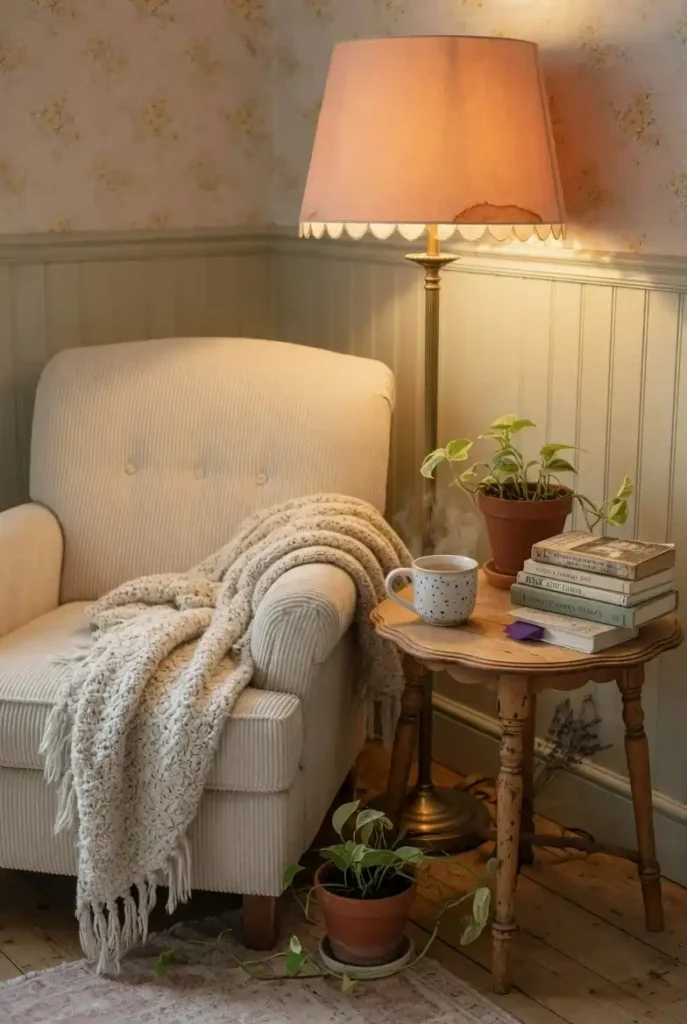 Cozy farmhouse reading nook with a plush cream armchair, chunky knit throw, wooden side table, and warm floor lamp