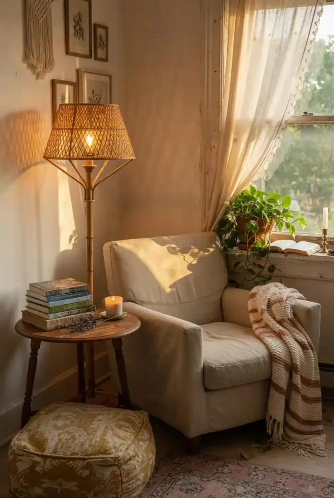 Cozy boho farmhouse living room reading nook with linen armchair, small wooden side table with books, rattan floor lamp, woven pouf, and trailing plant on windowsill