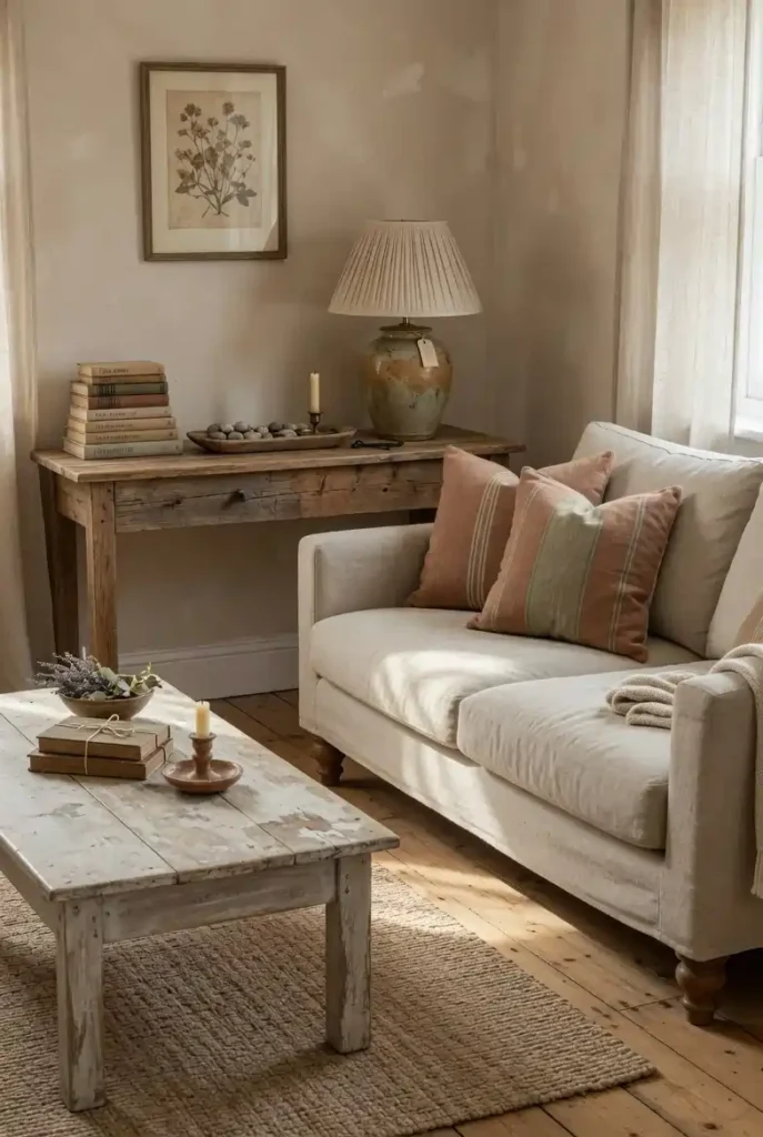 Farmhouse style living room with distressed whitewashed coffee table, natural linen sofa, and reclaimed wood console table