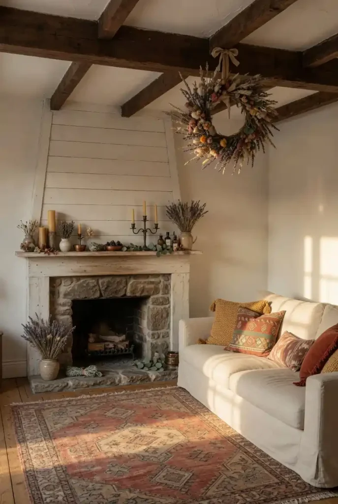 Rustic boho farmhouse living room with exposed dark wood ceiling beams, Moroccan area rug, cream sofa with earthy pillows, dried floral wreath, and stone fireplace with candles