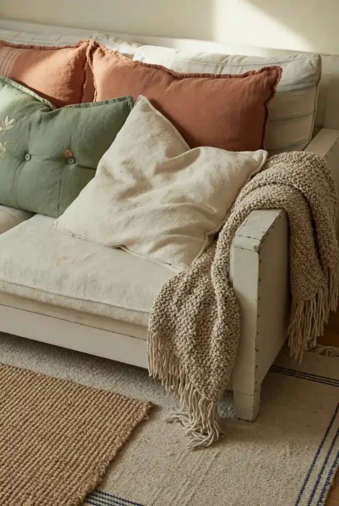 Farmhouse living room textiles with layered terracotta, sage, and cream linen cushions and chunky knit throw on a neutral sofa