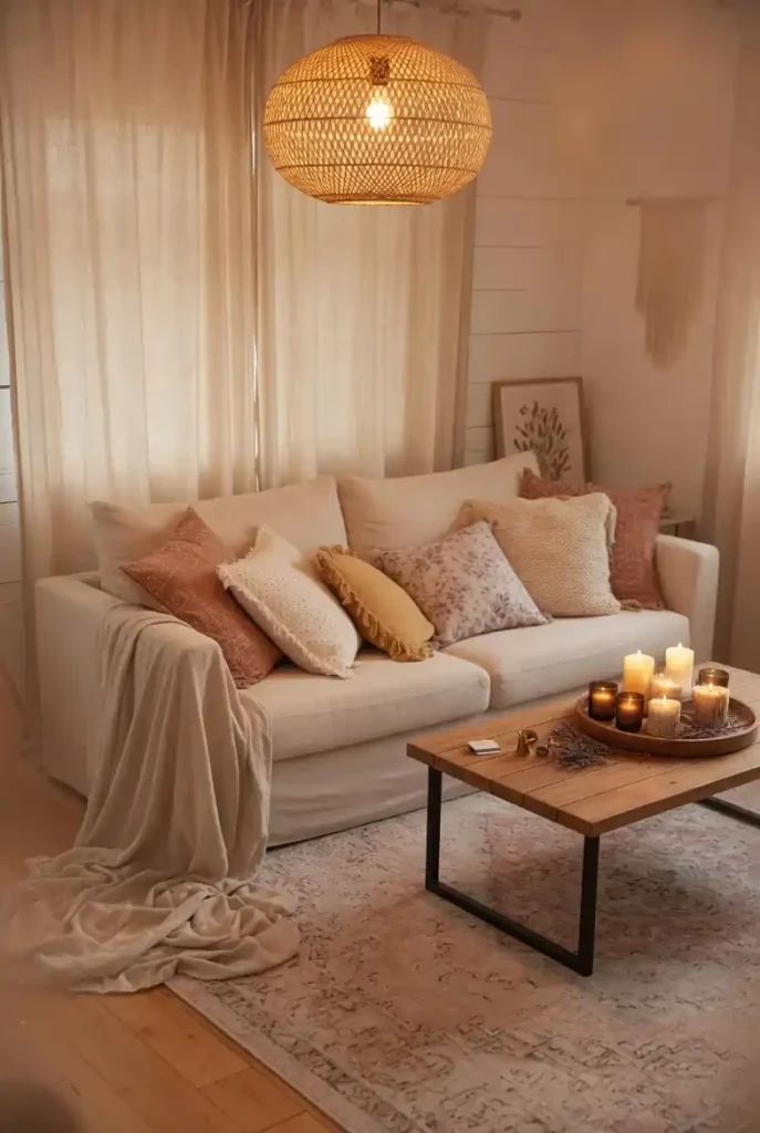 Dreamy boho farmhouse living room with gauzy linen curtains, plush area rug, low-profile cream sofa piled with pillows, rattan pendant lamp, and candles on wooden tray