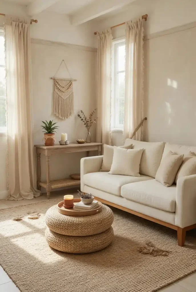 Small boho farmhouse living room with raised-leg cream sofa, large jute rug, high-hung curtains, woven ottoman coffee table, and slim console table with plant and candle