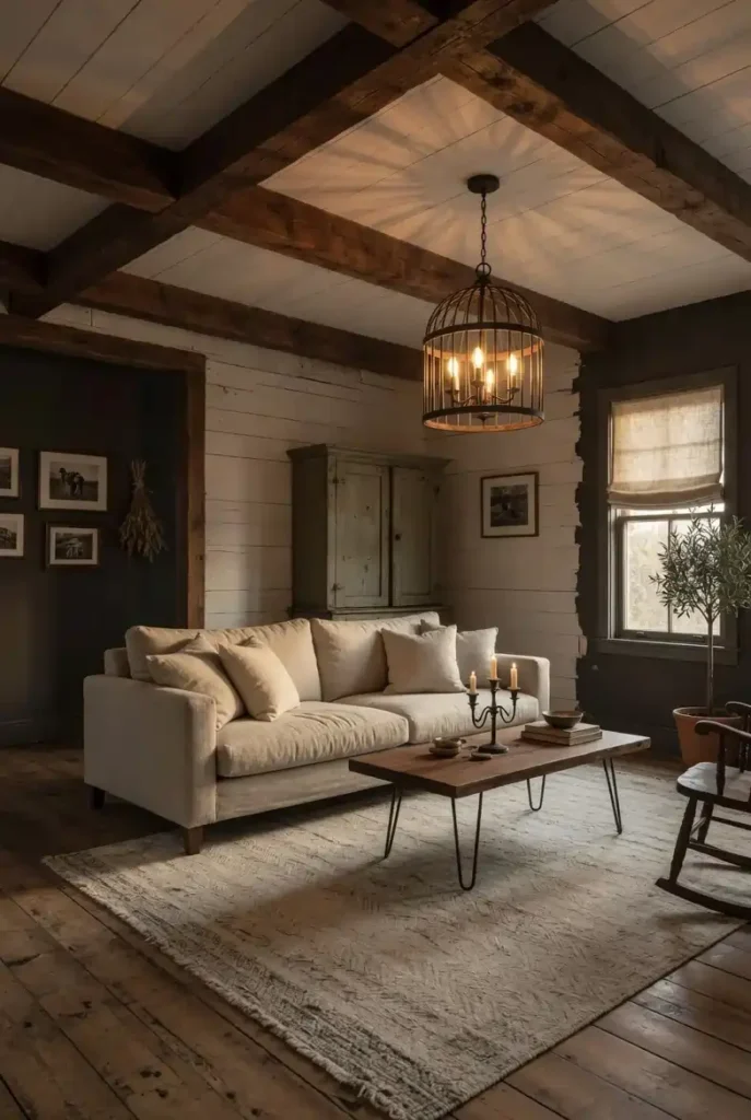 Country farmhouse living room with exposed dark walnut wooden ceiling beams, white shiplap ceiling, and linen sofa