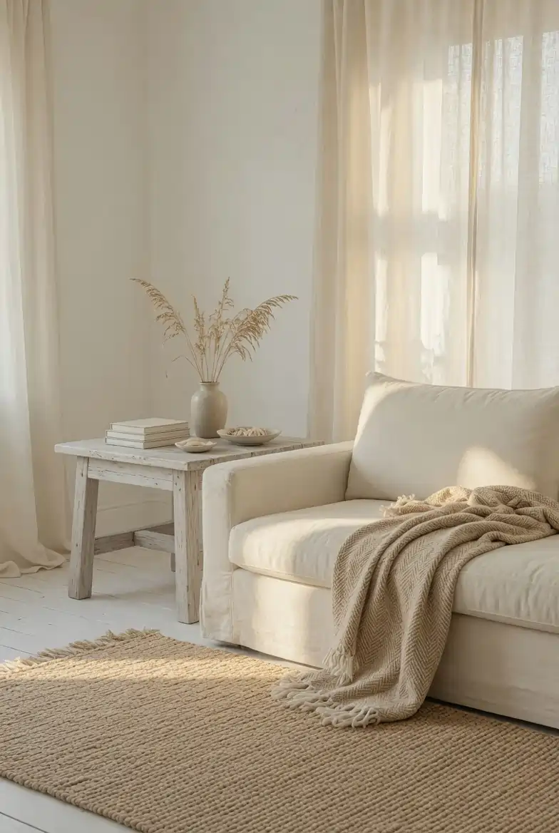 Coastal farmhouse living room styled in layered neutral tones with cream linen sofa, ivory curtains, jute rug, and sandy beige woven throw