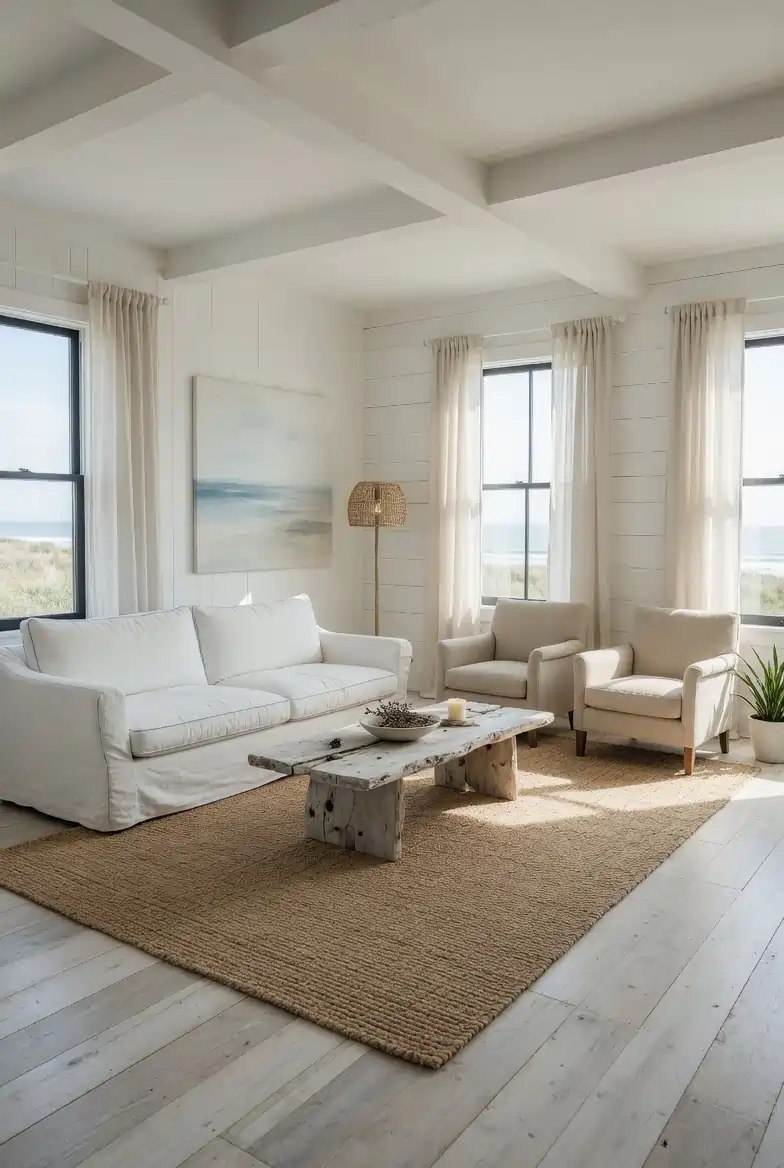 Open-plan coastal farmhouse living room with white slipcovered sofa, linen armchairs, driftwood coffee table, jute rug, and sheer curtains in a bright airy space