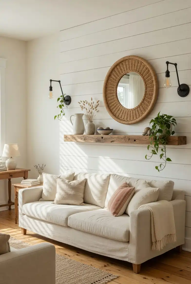 White shiplap accent wall in a farmhouse living room with natural linen sofa, reclaimed wood shelf, rattan mirror, and black iron sconces