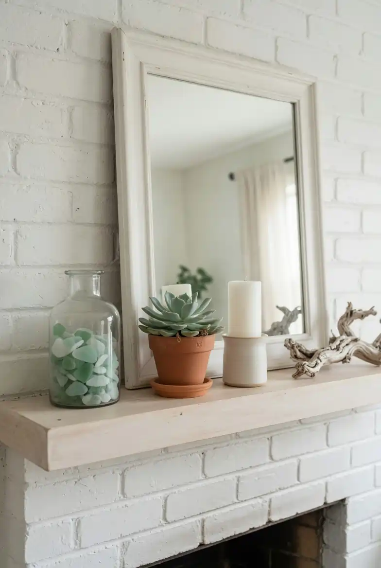 Styled coastal farmhouse living room mantel with white-framed mirror, sea glass vessel, terracotta succulent, driftwood, and matte ceramic candle holder