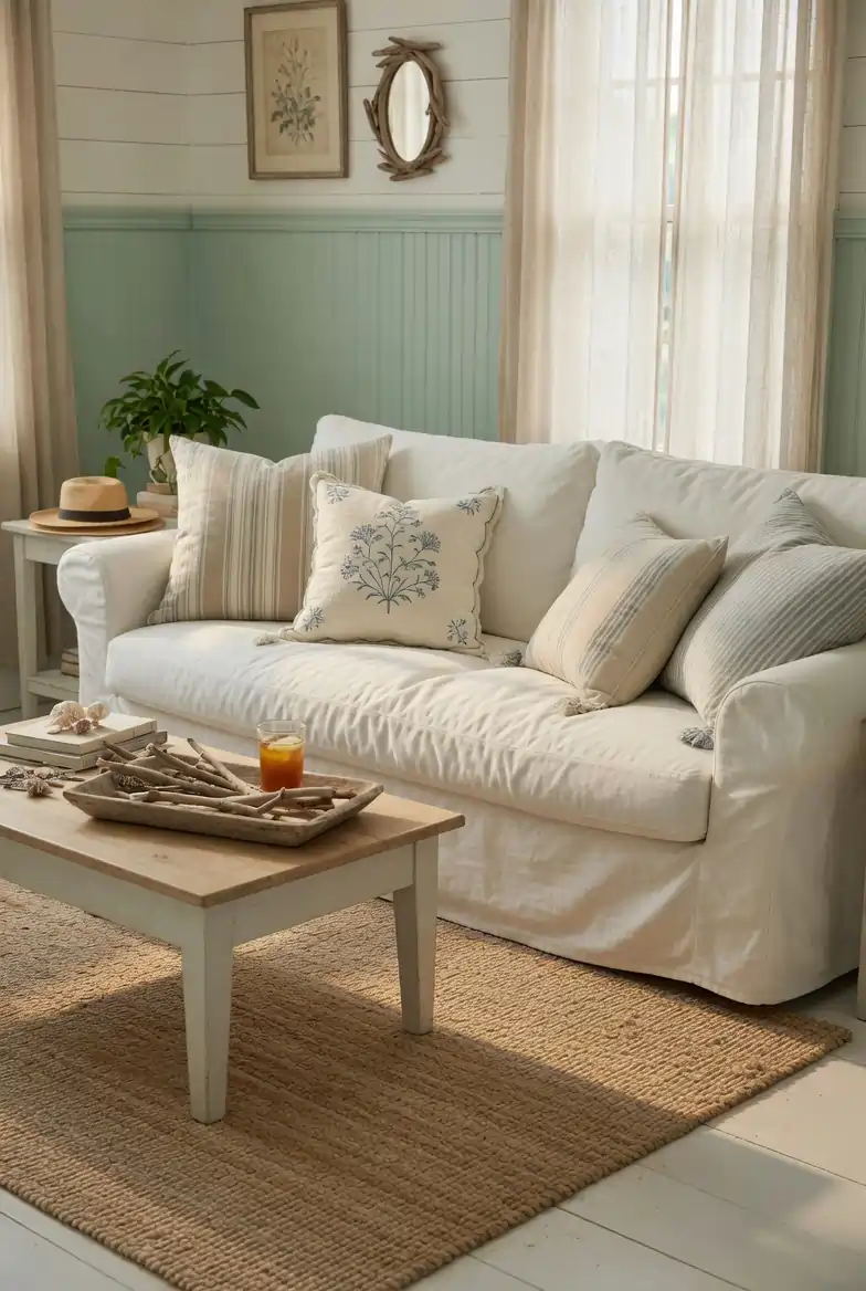 Relaxed coastal farmhouse living room with natural linen slipcover sofa, striped and embroidered throw pillows in sand and ivory tones, and jute rug