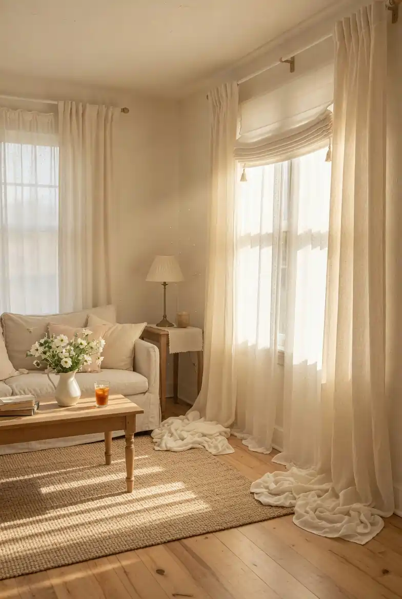 Sun-filled farmhouse living room with floor-to-ceiling ivory linen curtains, sheer panels, Roman shade, cream sofa, and jute rug in warm natural light