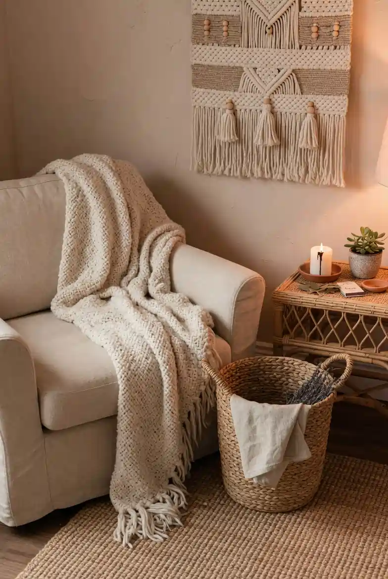 Cozy farmhouse living room corner with chunky knit throw, rattan side table, seagrass basket, jute rug, and macramé wall hanging in neutral tones