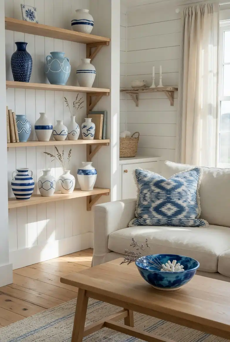 Neutral coastal farmhouse living room accented with navy and powder blue ceramic vases, blue-and-white throw pillow, and hand-painted pottery on coffee table