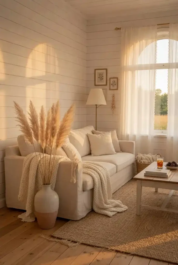 A cozy country farmhouse living room with a linen sofa, chunky knit throw, jute rug, and shiplap walls in warm neutral tones