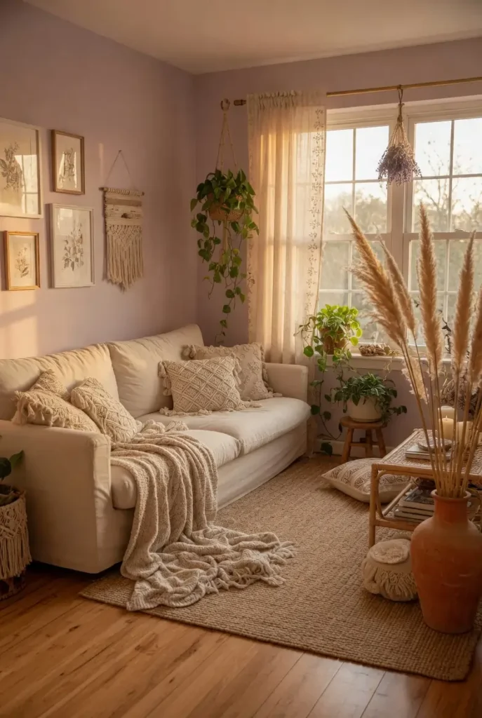 Cozy boho farmhouse living room with cream linen sofa, chunky knit throws, jute rug, pampas grass in terracotta vase, and trailing plants near a sunlit window