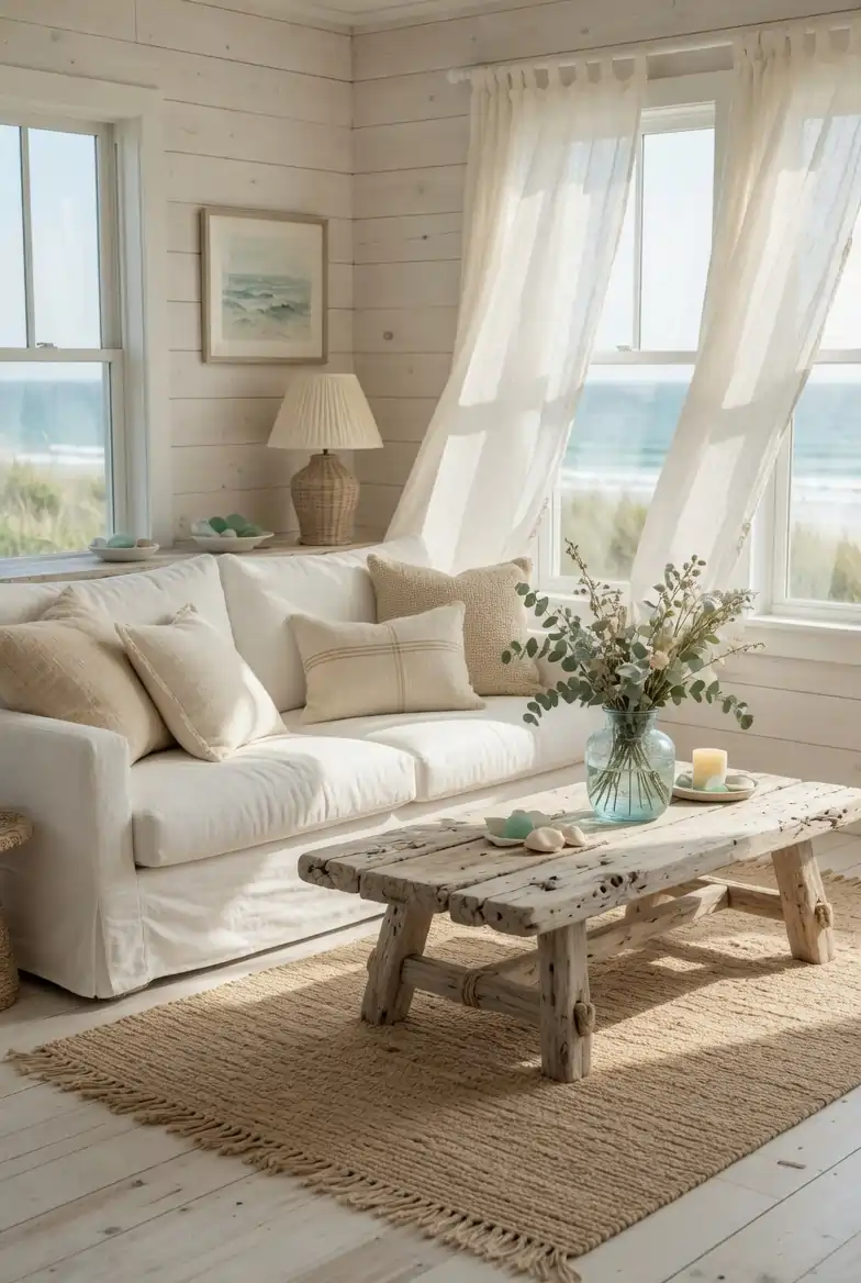 Bright and airy coastal farmhouse living room with white linen sofa, driftwood coffee table, sheer curtains, and jute rug styled in warm neutral tones