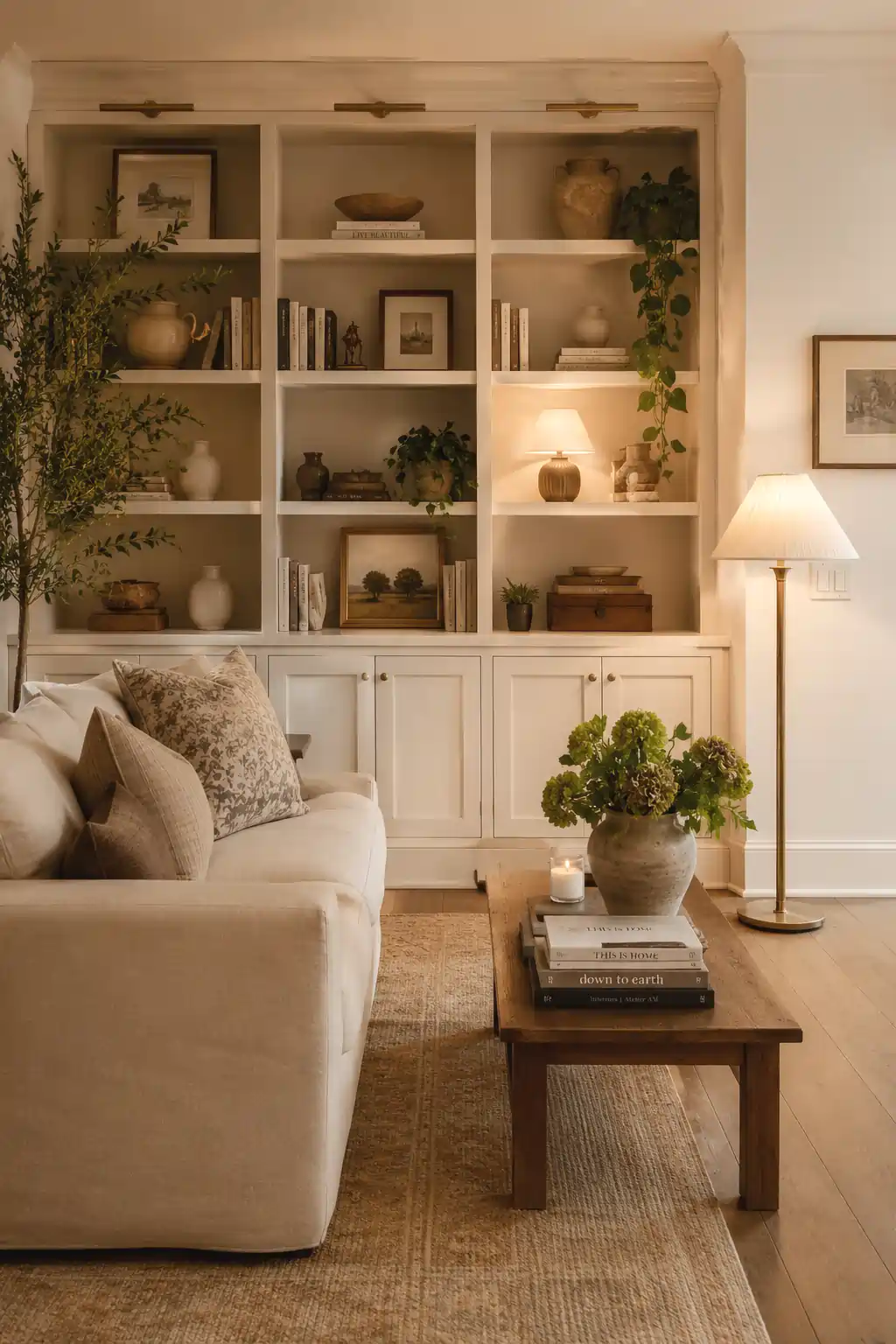 Small living room with floor-to-ceiling white built-in wall unit styled with books, plants, and warm ambient lighting